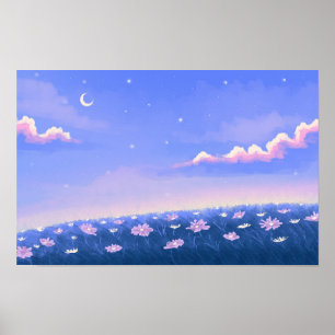 Cute kawaii wallpaper with night garden poster