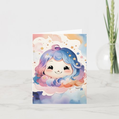 Cute Kawaii Watercolor Baby Girl Nursery Art Blank Card