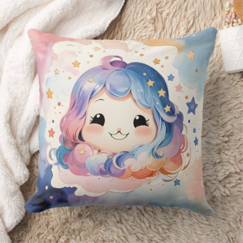 Cute Kawaii Watercolor Star Baby Girl Nursery Art Throw Pillow