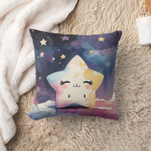 Cute Kawaii Watercolor Star Nursery Throw Pillow