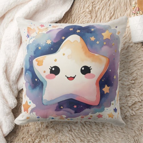 Cute Kawaii Watercolor Star Nursery Throw Pillow