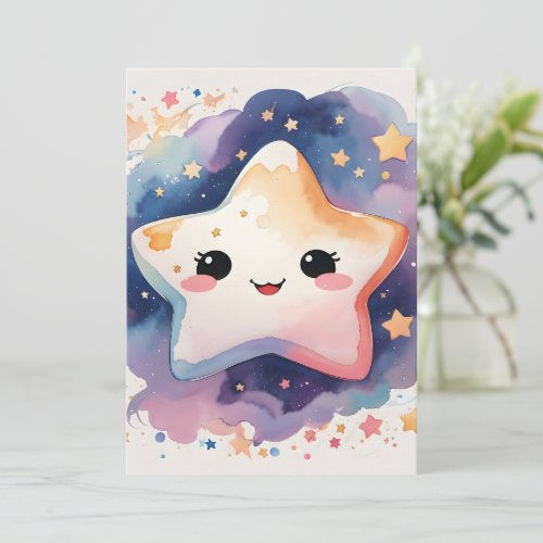 Cute Kawaii Watercolor Star Nursery Welcome Baby  Holiday Card
