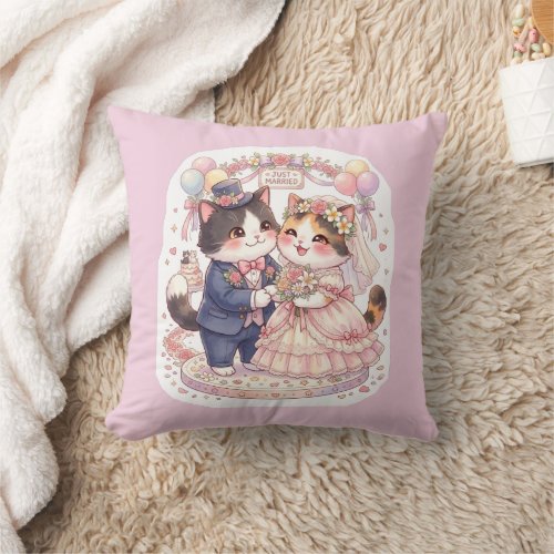 Cute Kawaii Wedding Cats Just Married Pink Throw Pillow