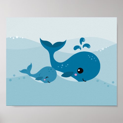 Cute kawaii whales swimming in soft blue waves poster