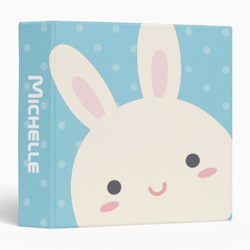 Cute Kawaii White Bunny Pastel Blue Polka Dot Kids 3 Ring Binder