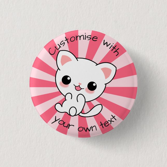 Cute kawaii White Cat Custom Text Pink Button (Front)