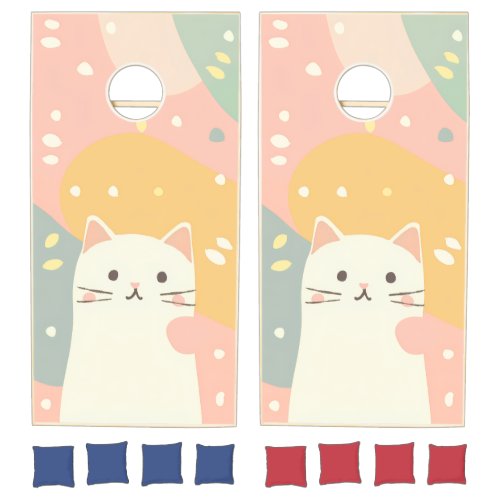 Cute Kawaii White Cat Pastel Abstract Cornhole Set