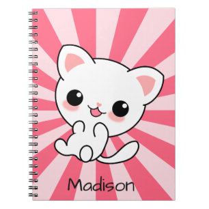 Cute kawaii White Cat Personalised Pink Notebook
