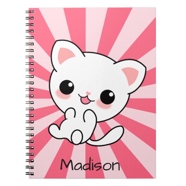 Cute kawaii White Cat Personalized Pink Notebook (Front)