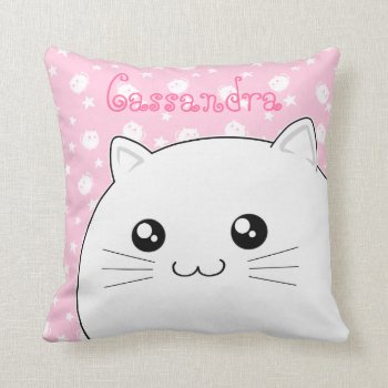 Cute Kawaii White Kitty Cat Throw Pillow by DiaSuuArt at Zazzle