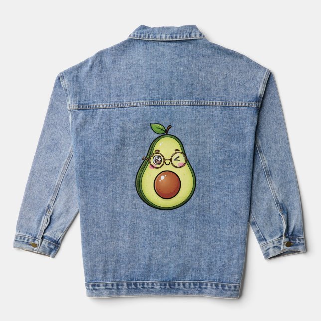 Cute Kawaii Winking Avocado with Glasses Denim Jacket (Back)