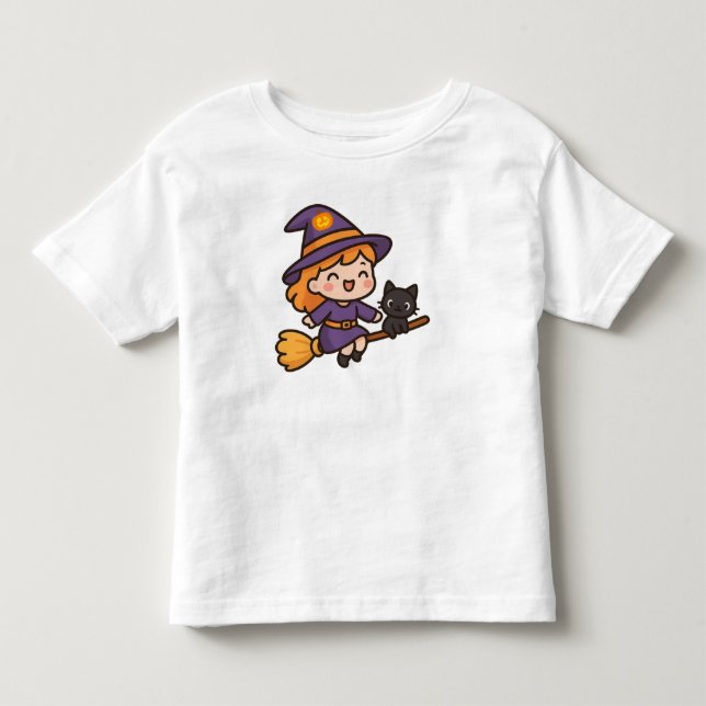 Cute Kawaii Witch and Cat Halloween Design Toddler T-shirt (Front)