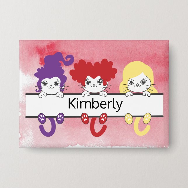 Cute Kawaii Witch Sisters Cats Name Monogram Button (Front)