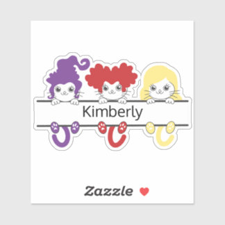 Cute Kawaii Witch Sisters Cats Name Monogram Sticker