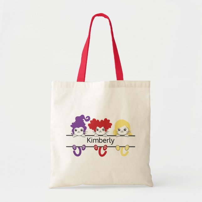 Cute Kawaii Witch Sisters Cats Name Monogram Tote Bag (Front)