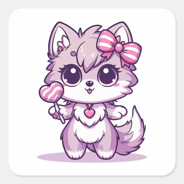 Cute Kawaii Wolf With Lollipop Square Sticker (Front)