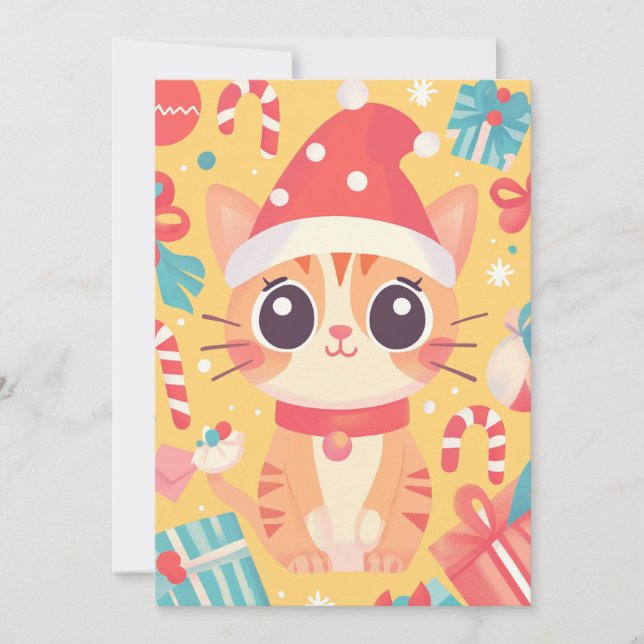 Cute Kawaii Xmas Cat  Candy Cane Gifts Custom Text Holiday Card (Front)
