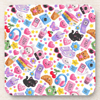 Cute Kawaii Y2K Aesthetic Seamless Pattern – Pink Beverage Coaster
