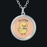 Cute Kawaii Yellow Duckling with Blue Bow Tie Silver Plated Necklace<br><div class="desc">Brighten up any day with this charming illustration of a sweet yellow duckling. Featuring a dapper blue bow tie and rosy cheeks, this minimalist "kawaii" character is set against a warm peachy-orange background. Its clean lines and playful personality make it a versatile choice for children's room decor, stationery, apparel, or...</div>