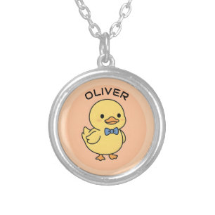 Cute Kawaii Yellow Duckling with Blue Bow Tie Silver Plated Necklace