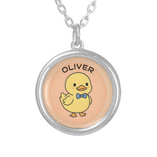 Cute Kawaii Yellow Duckling with Blue Bow Tie Silver Plated Necklace