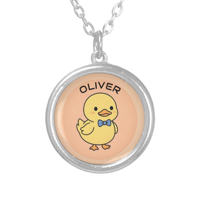 Cute Kawaii Yellow Duckling with Blue Bow Tie Silver Plated Necklace (Front)