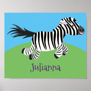 Cute kawaii zebra running cartoon illustration poster