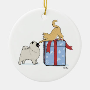 Cute Keeshond Puppy and Kitten Christmas Holiday Ceramic Ornament