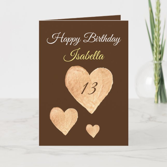 Cute Khaki Watercolor Heart 13th Birthday Card (Front)