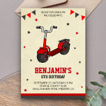 Cute Kick Scooter Kids Birthday Party Invitation<br><div class="desc">Invite your guests with this cool birthday party invitation featuring a cute red kick scooter with simple typography against a parchment background. Simply add your event details on this easy-to-use template to make it a one-of-a-kind invitation. Flip the card over to reveal a gray and beige stripes pattern on the...</div>