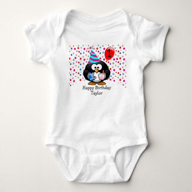 Cute Kid 1st Happy Birthday Penguin Baby Bodysuit (Front)