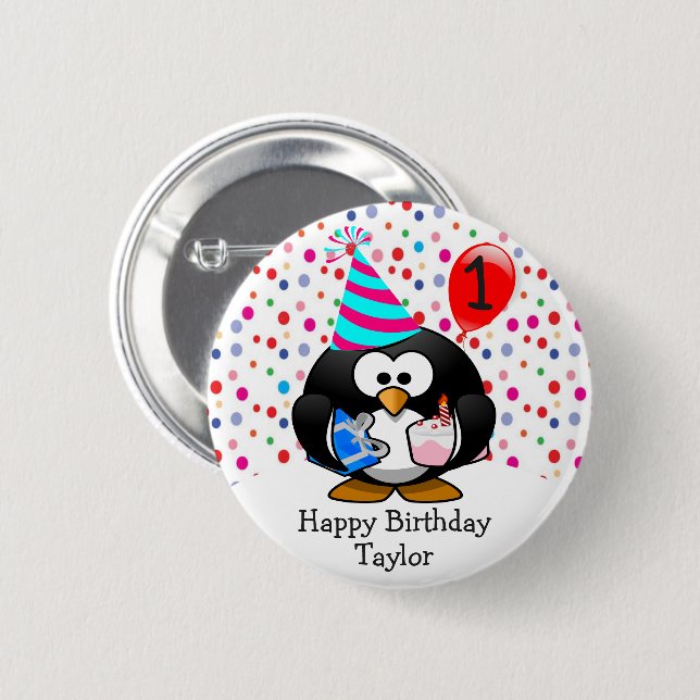 Cute  Kid 1st Happy Birthday Penguin Button (Front & Back)