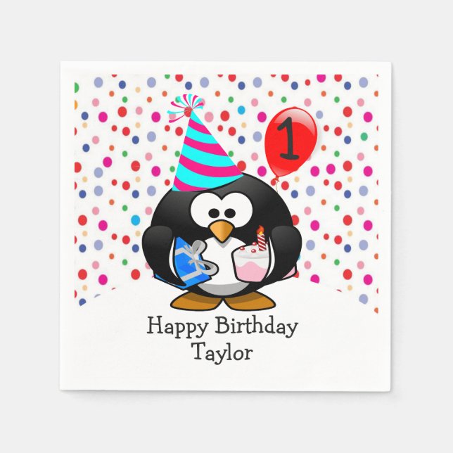 Cute Kid 1st Happy Birthday Penguin Napkins (Front)