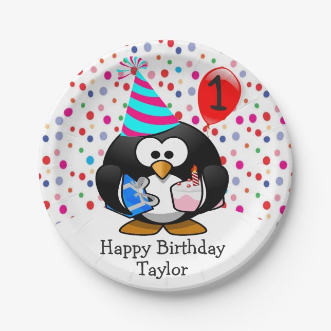 Cute Kid 1st Happy Birthday Penguin Paper Plates (Front)