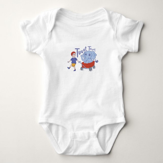 Cute Kid And Elephant In A Cart Baby Bodysuit (Front)