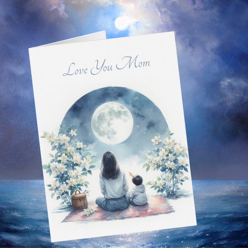 Cute Kid And Mom Under A Moonlit Sky Watercolor Card