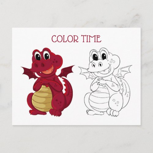 Cute Kid  Coloring Activity Red and Brown Dragon Postcard