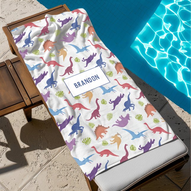 Cute Kid Dinosaur Pattern Personalized Name Beach Towel (Creator Uploaded)