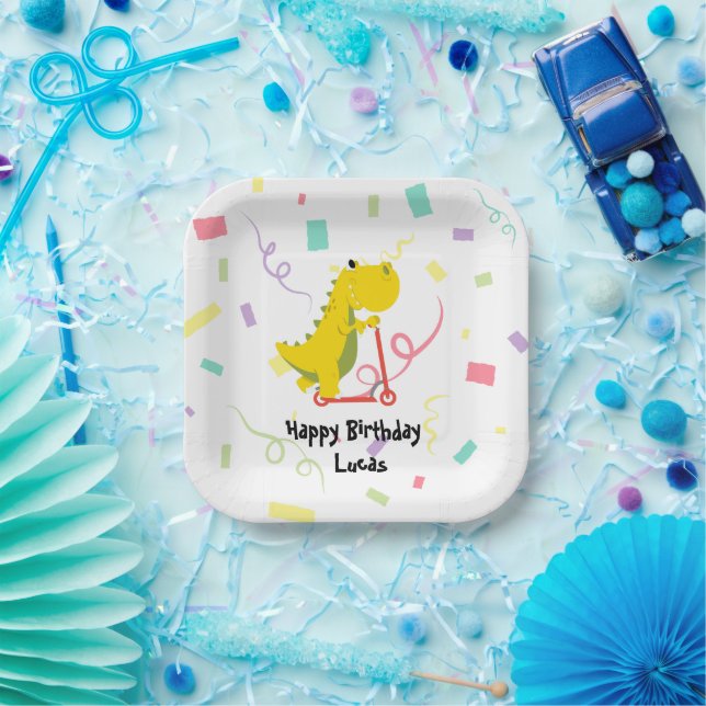 Cute kid dinosaur scooter truck Birthday Party Paper Plates (Party)