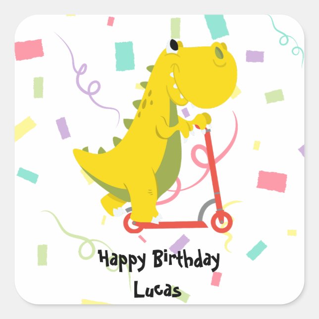 Cute kid dinosaur scooter truck Birthday Party Square Sticker (Front)