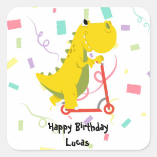 Cute kid dinosaur scooter truck Birthday Party Square Sticker