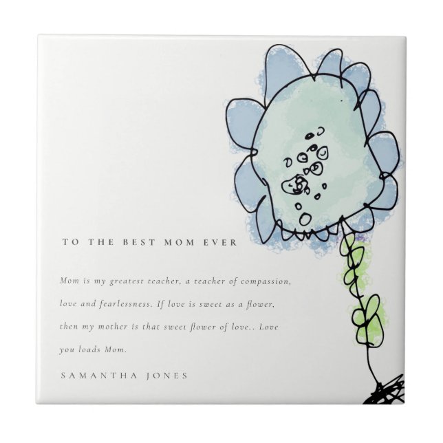 Cute Kid Drawn Blue Flower Botanical Mother's Day Ceramic Tile (Front)