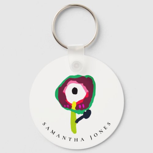 Cute Kid Drawn Colorful Green Pink Flower Keychain