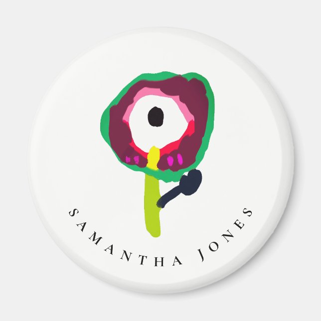 Cute Kid Drawn Colorful Green Pink Flower Magnet (Front)