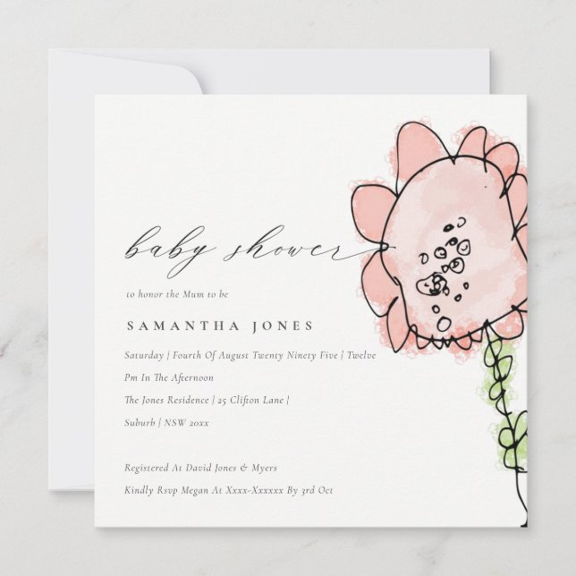 Cute Kid Drawn Peach Flower Botanical Baby Shower Invitation (Front)