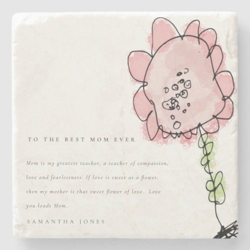 Cute Kid Drawn Pink Flower Botanical Mothers Day Stone Coaster
