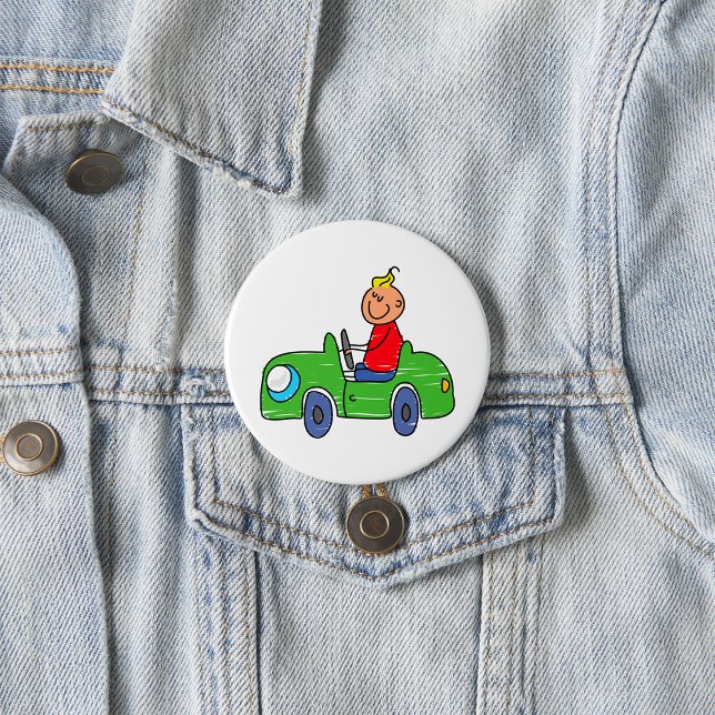 Cute Kid Driving Green Car Childrens Illustration Button (Creator Uploaded)