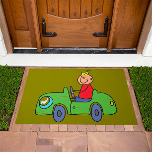 Cute Kid Driving Green Car Childrens Illustration Doormat