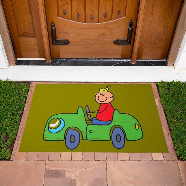 Cute Kid Driving Green Car Childrens Illustration Doormat (Creator Uploaded)