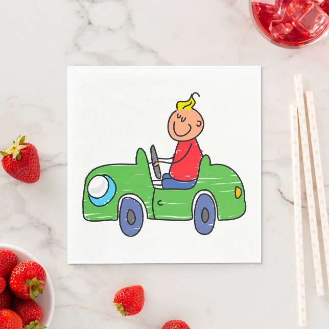 Cute Kid Driving Green Car Childrens Illustration Napkins (Creator Uploaded)